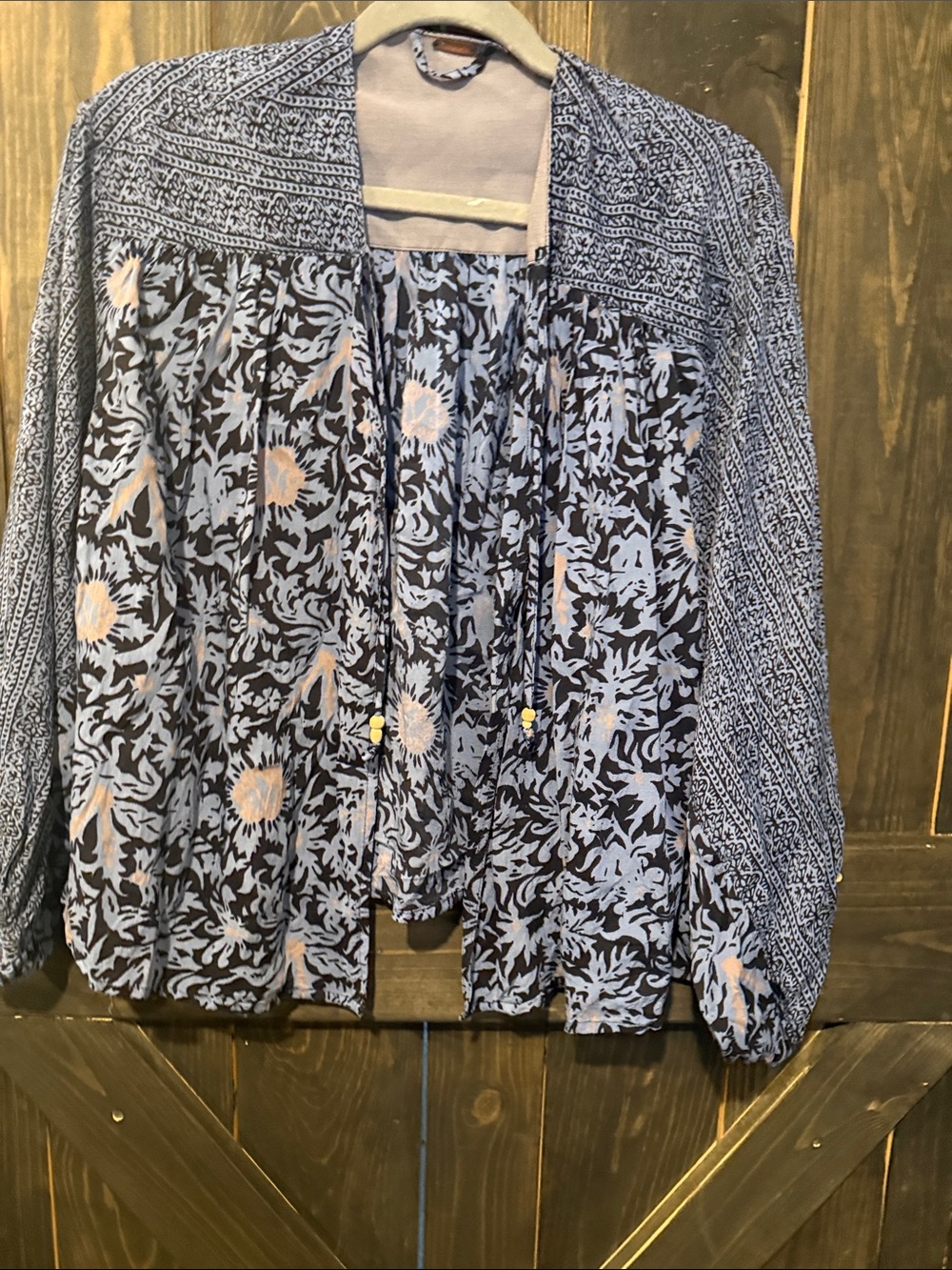 Free People Blue Floral Smocked Peasant Blouse